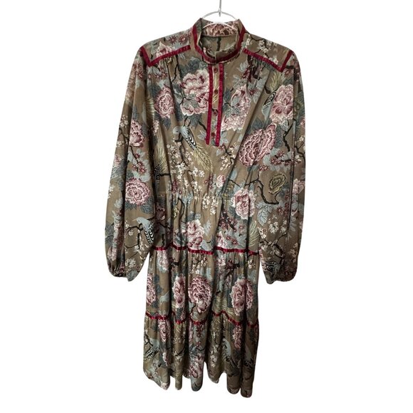 Vintage Floral Long Sleeve Midi Dress Large Boho‎ Hippie Seventies Gypsy Cottage - Picture 2 of 6